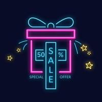 Sale promotion gift and stars neon banner vector