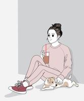 Woman with drink petting dog vector