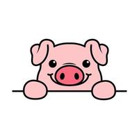 Cute pig paws up over wall, pig face cartoon icon vector