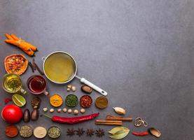 Many spices and herbs selection background.