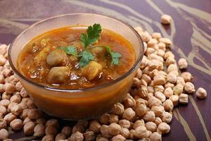 indian spicy chana masala with raw chickpeas