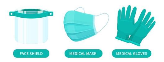 Face shield, medical mask and rubber gloves vector
