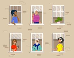 People in windows of residential building flat design vector