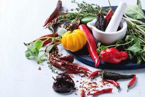 Assortment of chili peppers and herbs photo