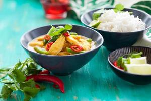 Chicken curry in bowl with rice