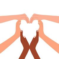 Multiracial hands together forming a heart vector
