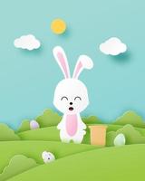 Paper art Easter poster with rabbit hunting for eggs vector