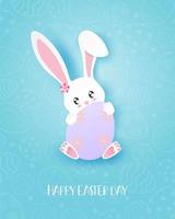 Paper art Easter design with bunny hugging egg vector