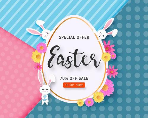 Easter sale banner with bunnies around large egg