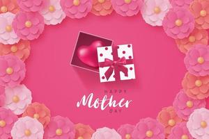 Cartel del día de la madre con regalo de corazón y marco de flores vector