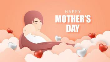 Mother's Day poster with mom hugging baby in clouds vector