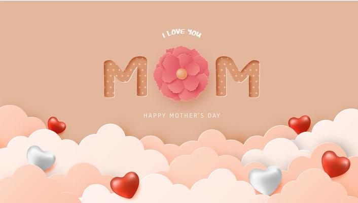 Paper art Mother's Day poster with hearts in clouds