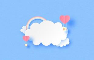 Heart shaped air balloons in clouds with rainbow