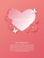 Cartel del día de la madre con corazón y flores cortadas en papel vector