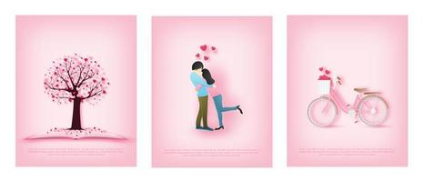tarjetas de papel de arte con pareja, bicicleta y árbol de corazón vector