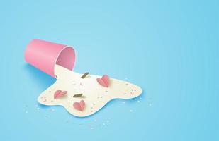Paper art pink cup with spilled liquid and candy vector
