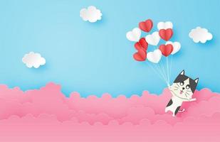 Gato flotando en el cielo con globos de corazón vector