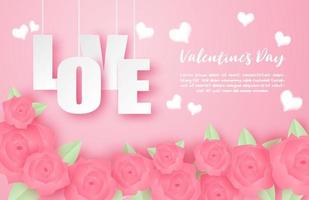 Valentine's day love banner with rose flower in paper cut style vector