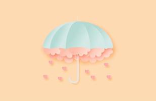 Umbrella with clouds and falling heart in paper cut style vector