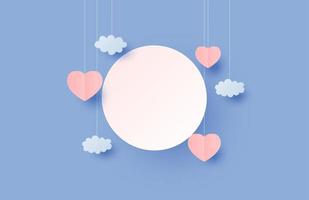 Circle banner with hanging heart shape and clouds in paper cut style vector