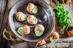 Homemade snails with herbs and garlic butter photo