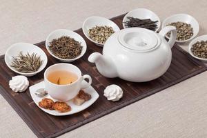 Various kinds of tea with cup and teapot photo