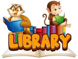 Library with animals reading book vector