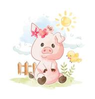 Pig on Floral Crown vector