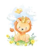 Lion Sitting in the Yellow Flower Field vector