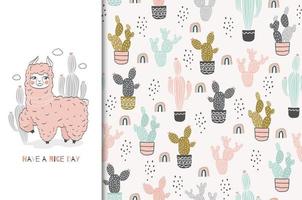Seamless Pink Baby Llama and Cactus Background vector