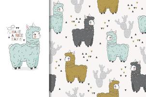 Llama Card and Seamless Pattern Set vector