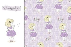 Little Girl with Dandelion on Purple Floral Background vector