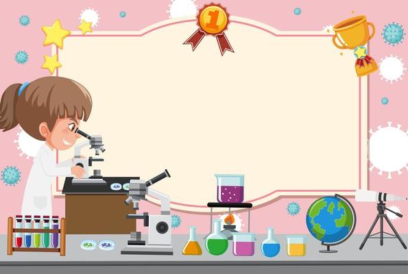 Certificate template with girl in lab gown looking through microscope