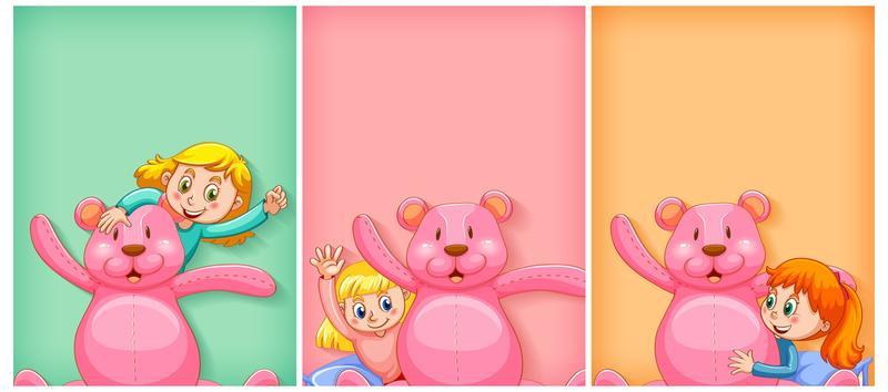 Plain background with happy girl and pink teddy bear