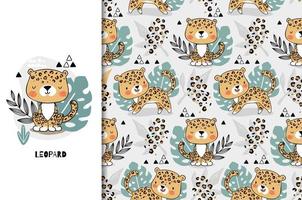 Leopard cute jungle baby animal character and pattern vector