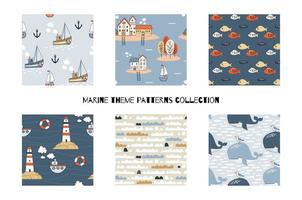 Cartoon marine seamless patterns collection.  vector