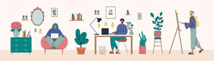 Freelance artists working at home vector