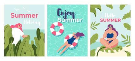 Card set with girl relaxing on the beach vector