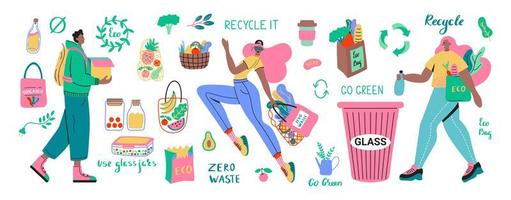 Collection of Zero Waste with characters and products vector