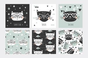 Cat faces card and seamless pattern set  vector