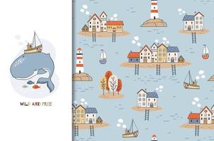 Cartoon cute whale design and seamless pattern 
