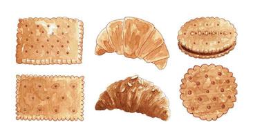 Watercolor cookies and croissants set vector