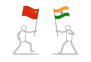 Stick figures holding India and China flags vector