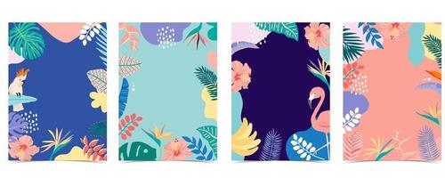 Summer card collection with leaves, flamingo and parrot vector