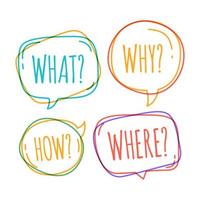 Doodle speech bubbles with why, what, how, where vector