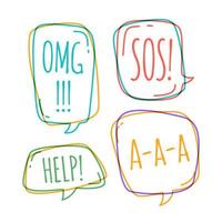 Doodle speech bubbles with omg, help, sos, a-a-a vector