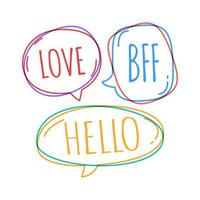 Doodle burbujas de discurso con amor, bff, hola dentro vector