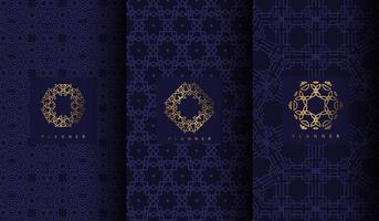 Set of luxury blue patterns with geometric gold ornaments vector