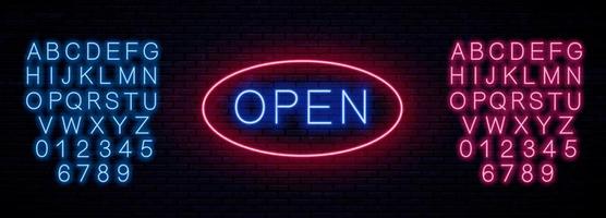 Neon signboard open and letters set vector
