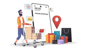 Online shopping app and man pushing cart vector